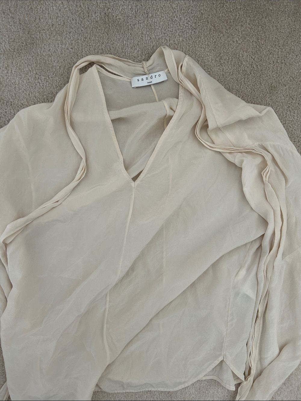 Sandro Beige Silk Sheer V-Neck Blouse